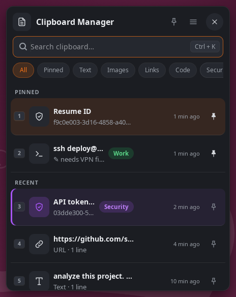 Clipboard Manager popup showing pinned and recent clipboard items